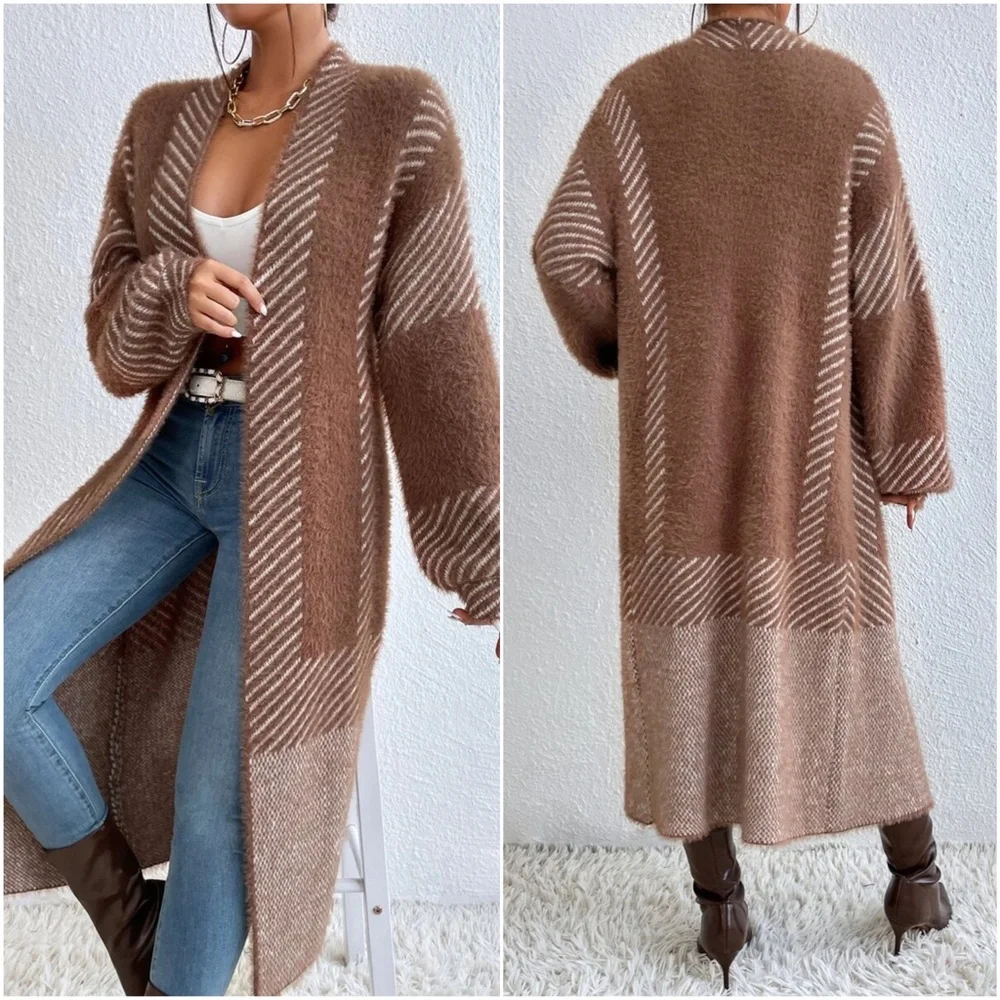 Cozy Color Block Stripes Fuzzy Open Front Cardigan - Picture 7 of 12